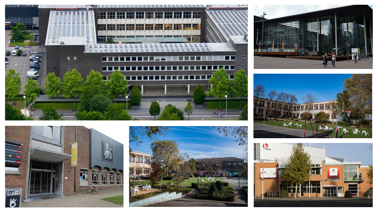 Fotoreeks van uiteenlopende publieke gebouwen: kantoor, school, bibliotheek, sporthal en cultuurcentrum
